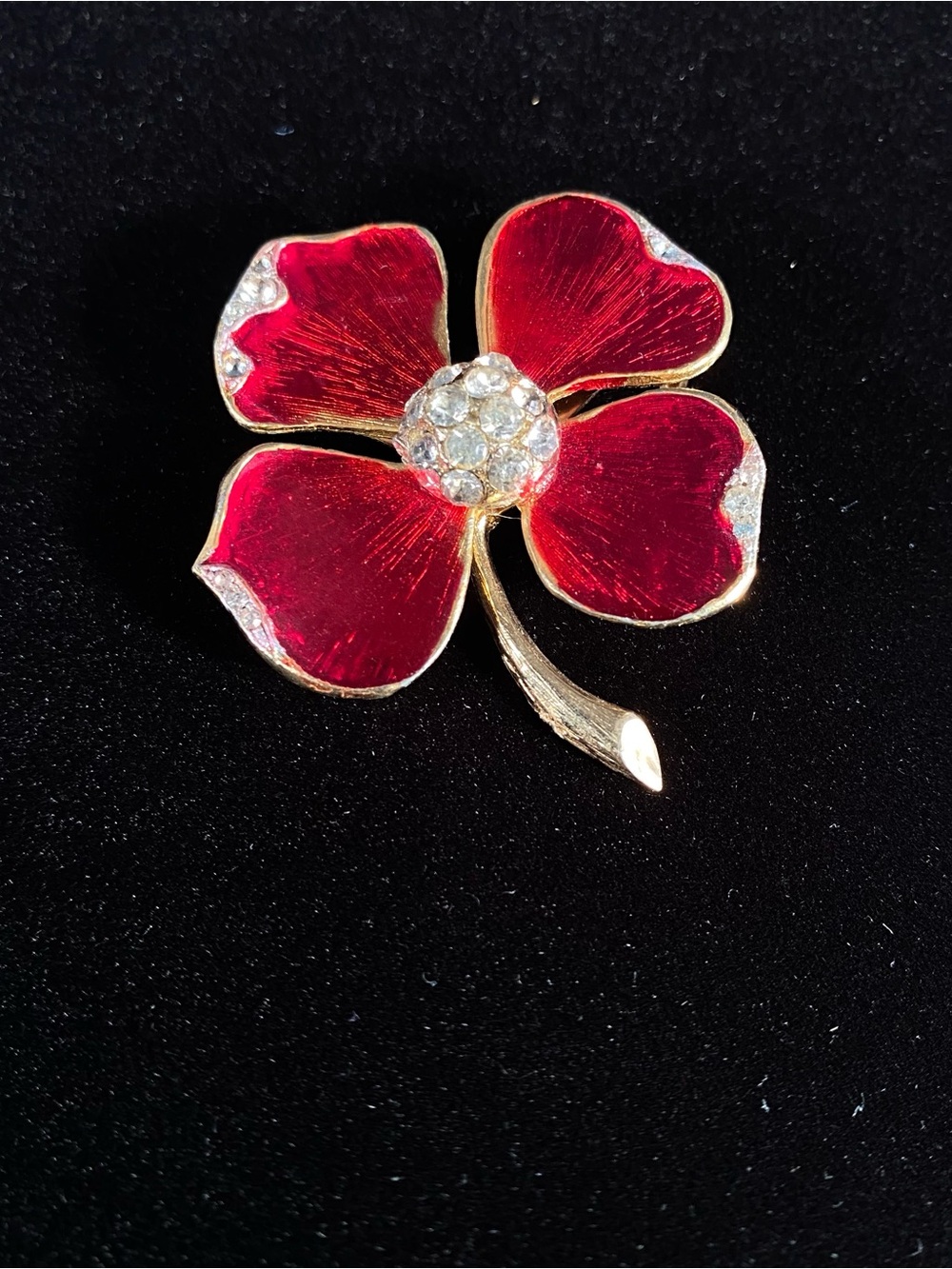 Red Enamel Flower Brooch with Crystal Center - Women's Jewelry
